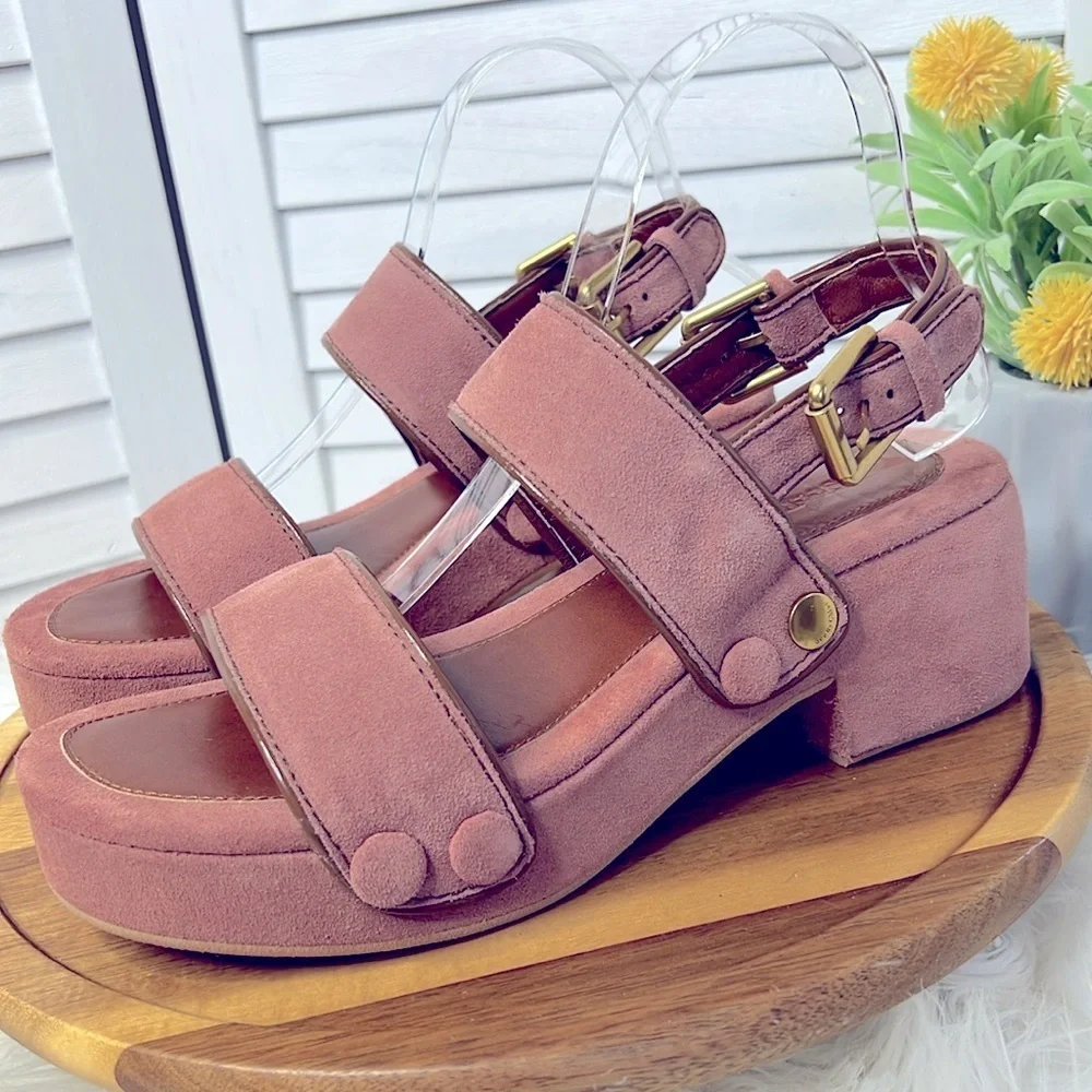 SEE BY CHLOE' l Pink Suede Galy Sandals Chunky Platform Summer Brass Hardware 39 - Picture 6 of 13